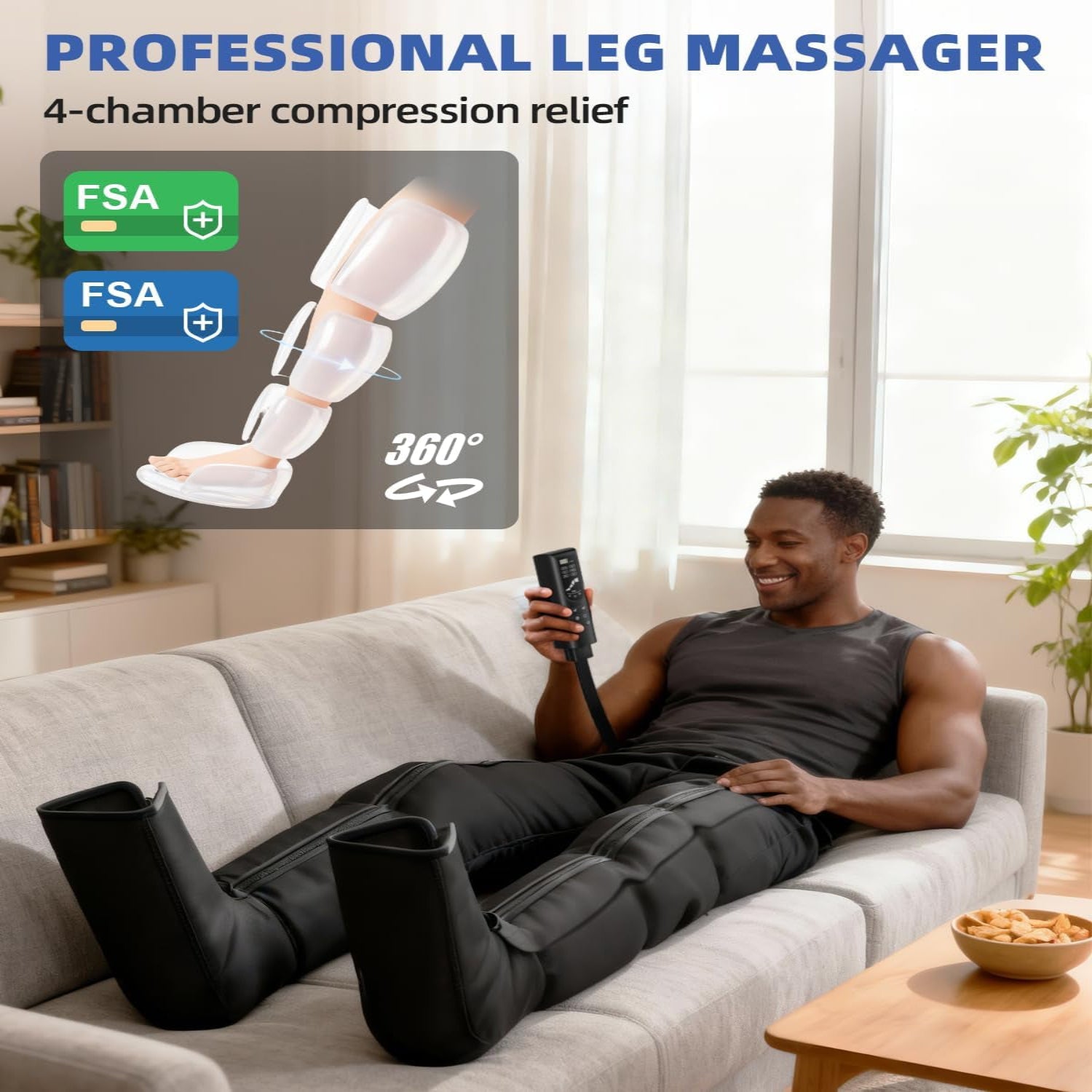 Leg Compression Massager Recovery System - Full-Leg Compression Boots with 8 Intensity 6 Modes for Circulation & Muscle Relief, FSA-HSA Eligible, Gifts for Men & Women, Black Medium